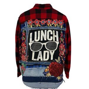 Upcycled Flannel Shirt Shacket Womens L Lunch Lady Grunge Patchwork Folk Art